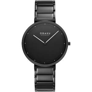 Obaku Watches: Unisex all black Obaku watch with white hands and battons.