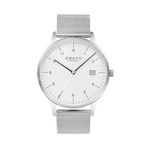 Gents steel Obaku with full figures, mesh strap and a white dial.
