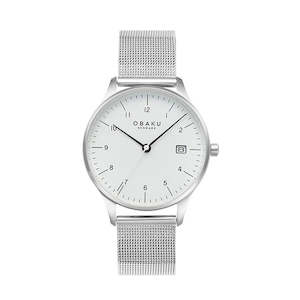 Obaku Watches: Full fig, white dial and date S/steel mesh strap