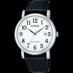 Lorus: Mens Lorus with a full figure dial, white face and a black leather strap & date