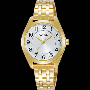 Lorus: Ladies gold plated lorus, with a full figure dial gold hands and metal bracelet.