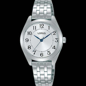 Lorus: Ladies lorus with a full figure dial, Blue hands and a stainless steel case and bracelet.