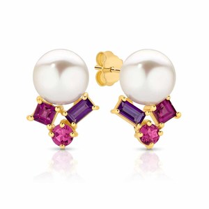 Gemstone Earrings: 9ct Yellow Gold Studs with White Fresh Water Pearl, Amethyst, Pink Tourmaline and Rhodolite.