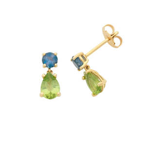 Gemstone Earrings: London Blue Topaz & Peridot drop studs in 9ct Yellow Gold