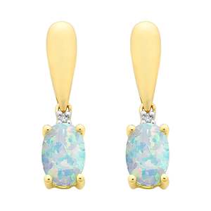Gemstone Earrings: 9ct Gold Created Opal & Diamond Earrings