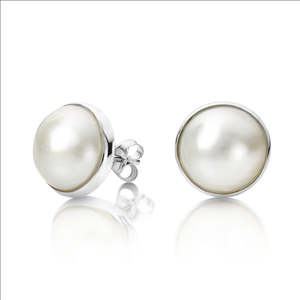 Silver Earrings: Sterling Silver Studs set with Mabe round Pearl