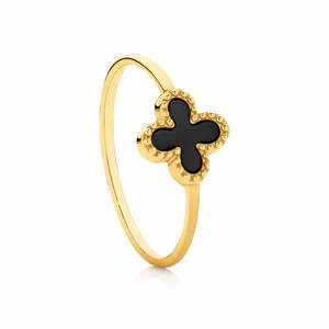Black Onyx Clover Ring in 9ct Yellow Gold