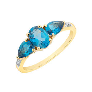 Gemstone Rings: 9ct Yellow Gold London Blue Topaz and Diamond Dress Ring