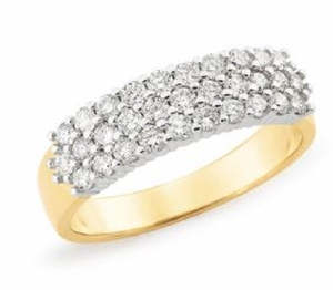 Engagement Rings: 9ct Yellow/White Gold 3 row diamond set band TDW=1.04ct