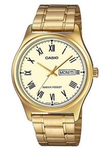 Watches And Body Jewellery: Gold plate case strap, gold face roman day date water resistant.