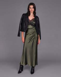 Storm: Ruched Detail Midi Skirt - Khaki