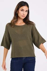 Womens Knitwear 1: Sunrise Crochet Knit Top - Khaki