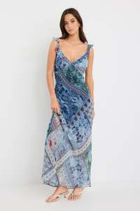 Flo Frankie: Delightful Georgette Bias Slip Maxi Dress  - Blue Scarf Print