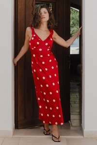 Flo Frankie: Delightful Satin Bias Slip Maxi Dress - Cherry Polka Dot