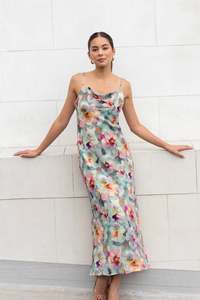 Flo Frankie: Lavish Floral Tie Back Bias Slip Dress - Blue Multi