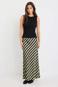 Flo Frankie: Stunning Stripe Satin Bias Midi Skirt - Khaki Black Stripe