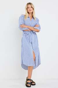 Flo Frankie: Forward Cotton Midi Skirt Dress - Blue Stripe