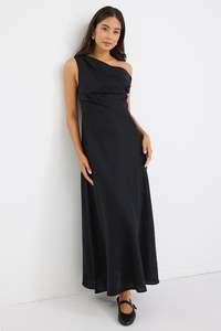 Flo Frankie: Spotlight Black Linen Blend Off Shoulder Flare Midi Dress - Black
