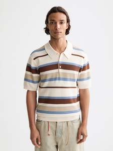 Mens T Shirts: Regular Fit Knitted Striped Polo - Plaza Taupe Stripe