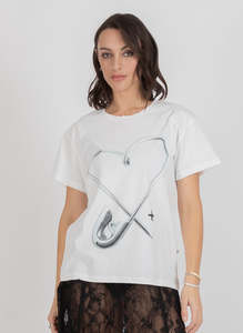 Womens Tee Shirts: Frankie Tee - Pinned Heart - White