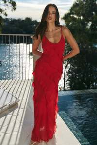 New: Galore Ruffle Slip Maxi Dress - Flame