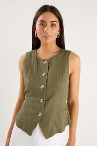 Influx Linen Blend Fitted Panelled Vest - Khaki