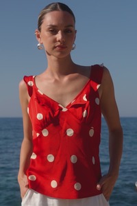 New: Crave Ruffle Neck Cami Top - Cherry Polka Dot