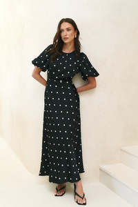 Stage Puff Sleeve Floaty Maxi Dress - Black Polka Dot