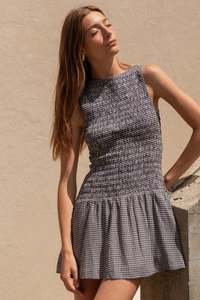 New: Laurel Shirred Bodice Mini Dress - Navy Mini Gingham