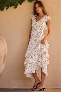 New: Everly Flutter Tiered Maxi Dress - Cream Polka Dot
