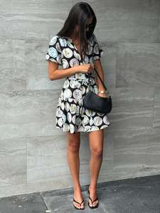 Adored Short Sleeve Button Front Mini Dress - Black Holiday Print