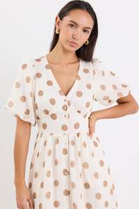 Lisbon Puff Sleeve Midi Dress - Copper Polka Dot