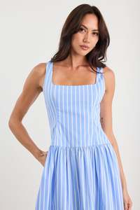 Gilded Sleeveless Square neck Maxi Dress - Blue Stripe