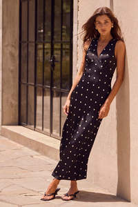 New: Aston Satin Bias Flared Maxi Dress - Black Polka Dot