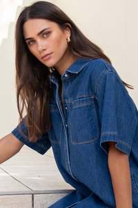 New: Shortcut Boxy Mini Shirt Dress - Storm Blue Denim