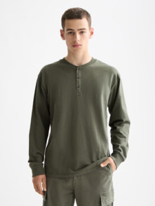 Mens T Shirts: Slub Henley LS Tee - Thyme