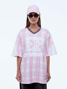 Womens Tee Shirts: Lunar Jersey - Pink Check