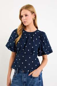 Womens Tee Shirts: Finali Bubble Sleeve Top - Navy Polka Dot