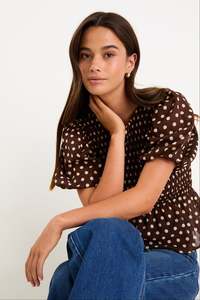 Requite Shirred S/S Top - Chocolate Polka Dot
