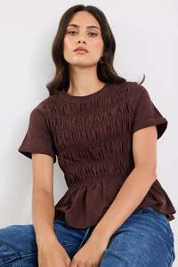 Neat Slub Shirred S/S Tee - Chocolate