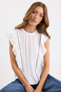 Womens Tee Shirts: Exotic Sheer High Neck Frill Top - Ivory