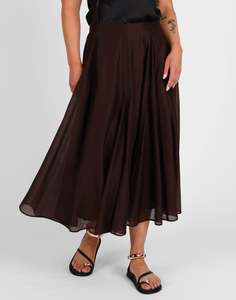 Full Pleated Detail Midi Skirt - Cocoa