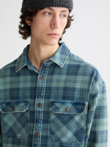Shirts Long Sleeve: Washed Denim Checked Overshirt - Indigo Check