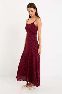Flo Frankie: Reign Strappy Maxi Dress- Burgundy Polka Dot