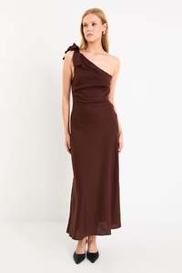 Flo Frankie: Mirror One Shoulder Bow Midi Dress - Chocolate