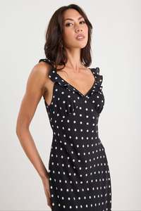 Flo Frankie: Delightful Bias Slip Maxi Dress - Black Polka Dot