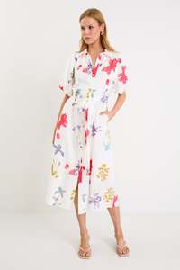 Jasmine Long Shirt Dress - Cream Poppy Floral