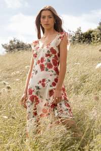 Amusing Bias Slip Maxi Dress - Cream Red Rose