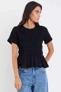 Womens Tee Shirts: Neat Shirred Detail Tee - Black