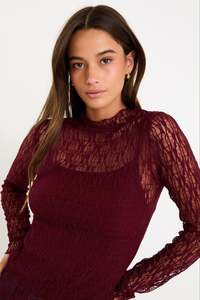 Giving Lace Long Sleeve Top - Burgundy